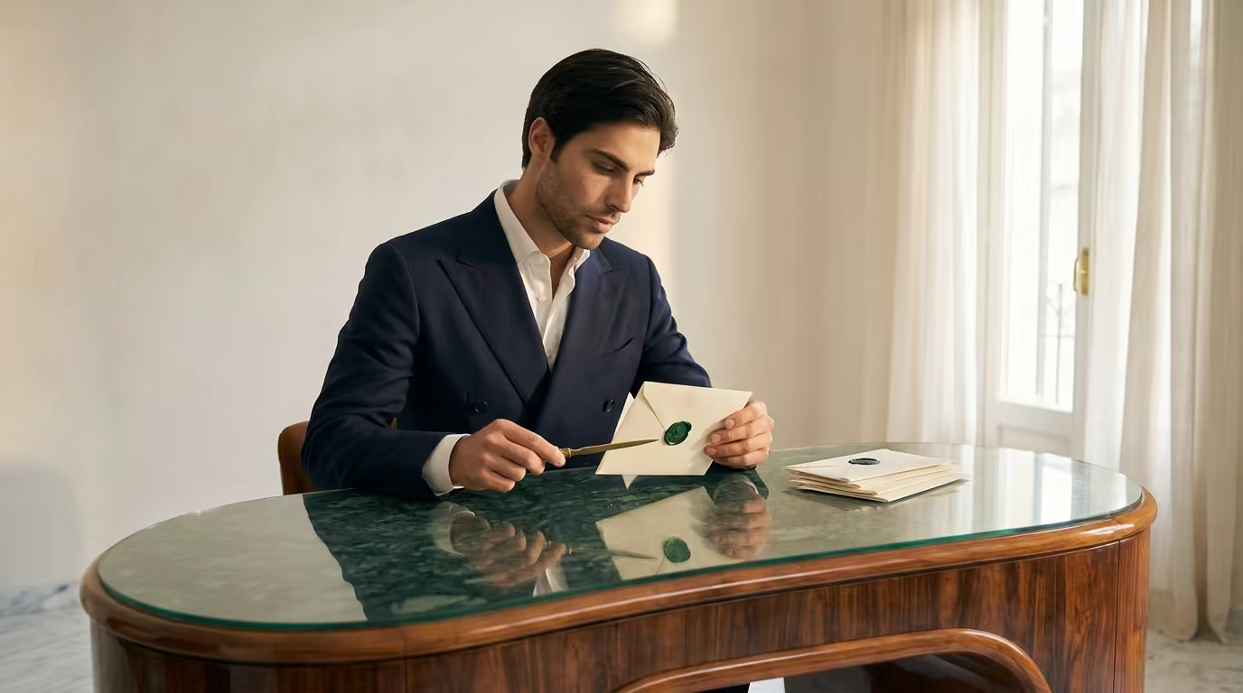 Founder opening sealed correspondence at a polished walnut desk.