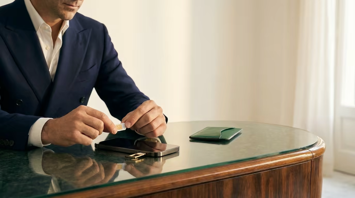 Hands placing a SIM chip into an open iPhone tray on a walnut desk.